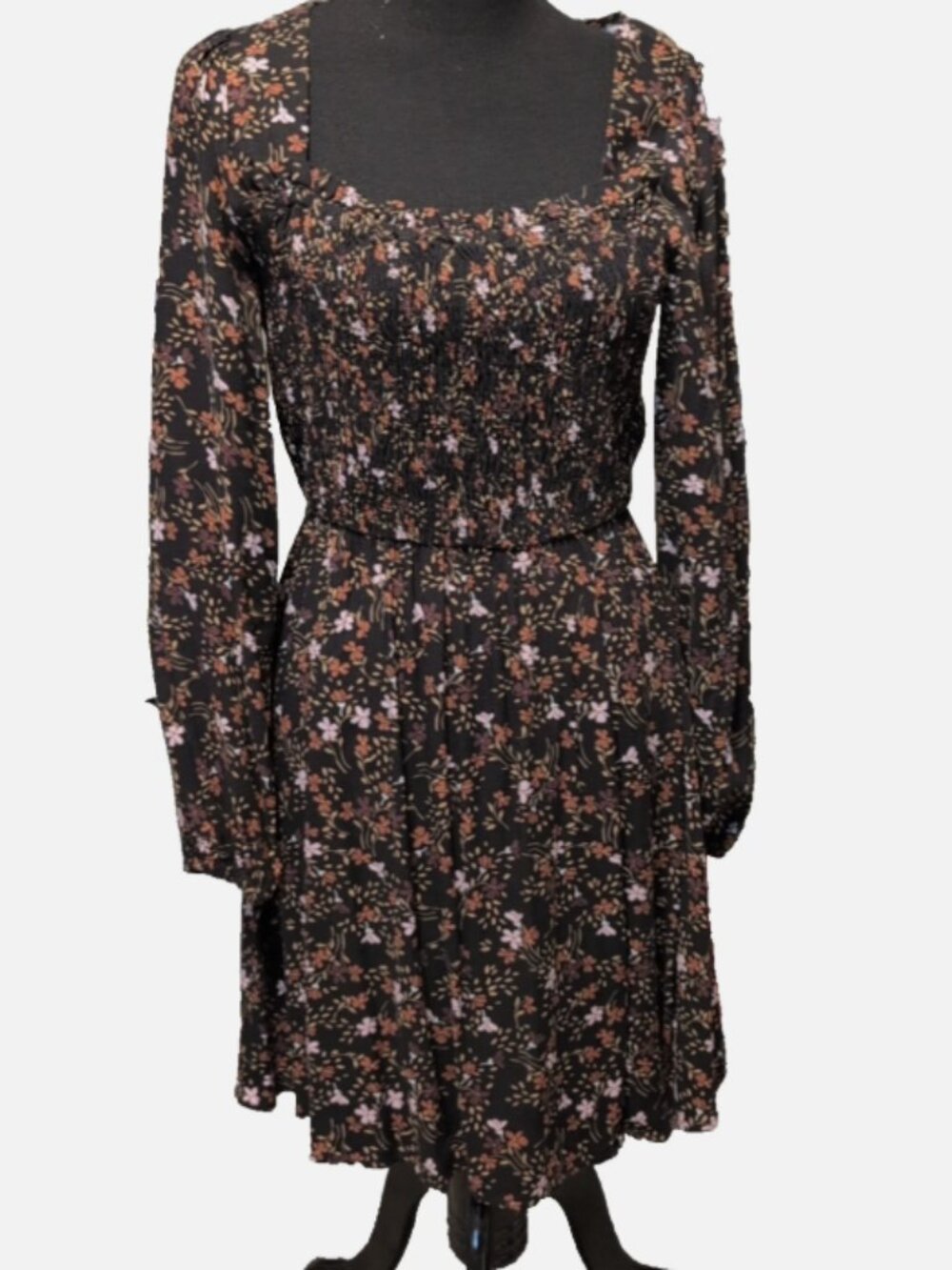 Long Puff Sleeve Fall Floral Mini Dress Black Brown Size Medium 6-8 Copper Key